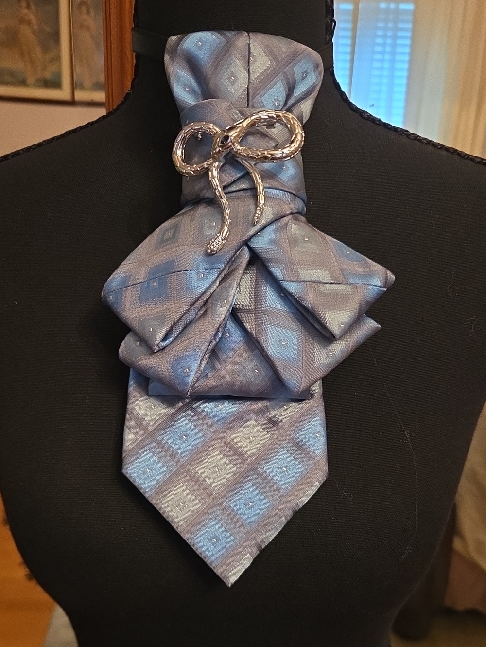 Men's Blue Geometric Cravat with Silver Pin - Classic Formal Accessory